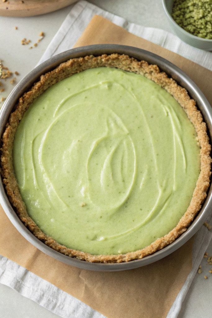 Green cheesecake filling spread into crust before freezing