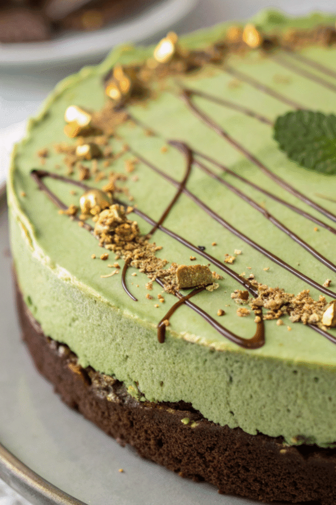 Luxurious green velvet cheesecake topped with edible gold leaf and chocolate drizzle