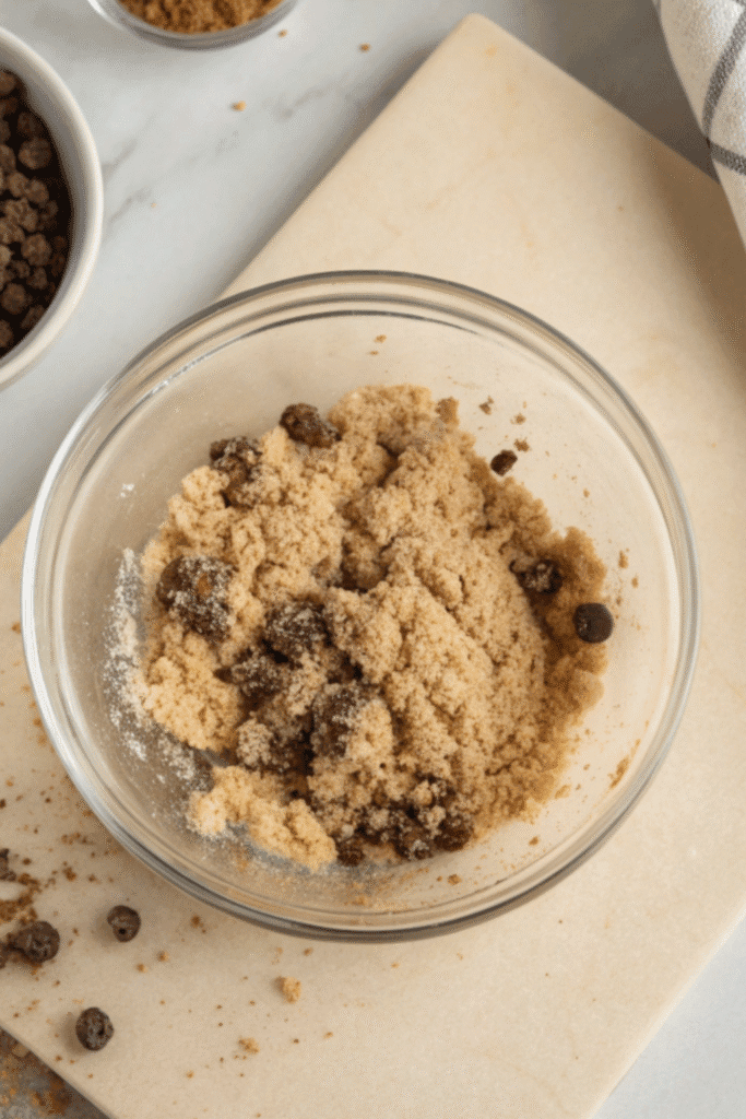 Glass bowl with crumb and chocolate mixture for the Green Velvet Cheesecake crust.