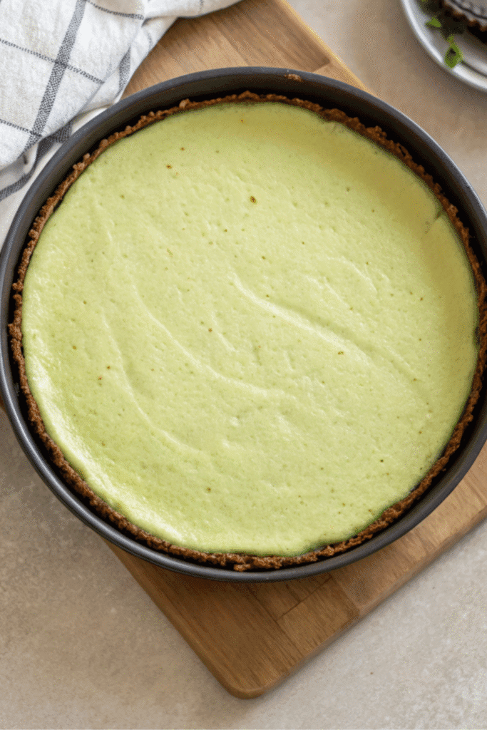 Freshly baked Green Velvet Cheesecake cooling in a springform pan, set on a wooden board.