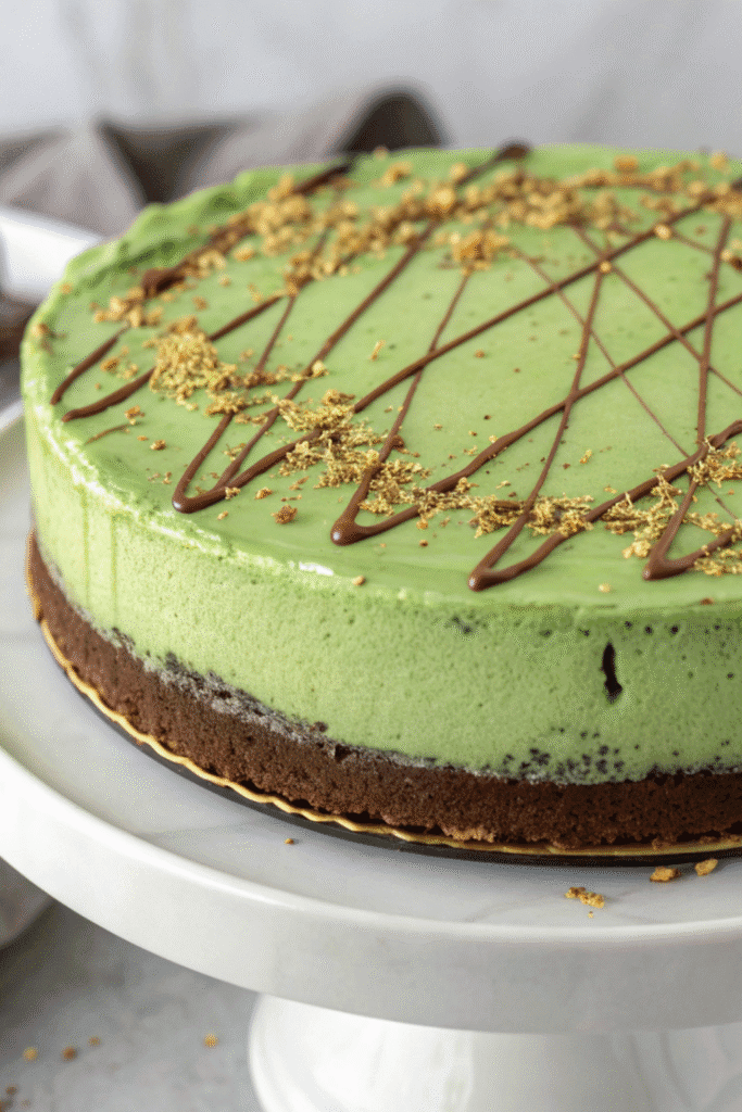 Green Velvet Cheesecake on a white cake stand with gold leaf and chocolate drizzle.