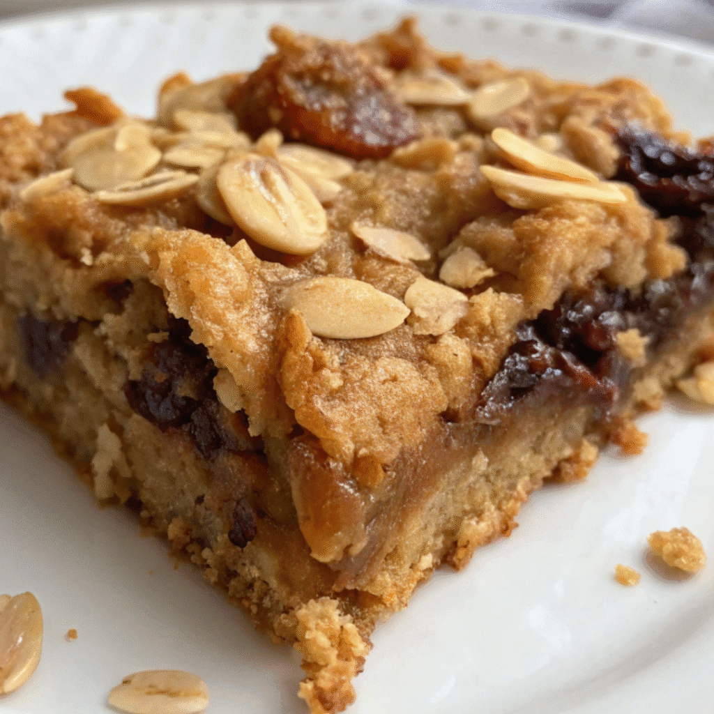 Close-up of high-protein fruit granola bar topped with oats and nuts on a white plate.