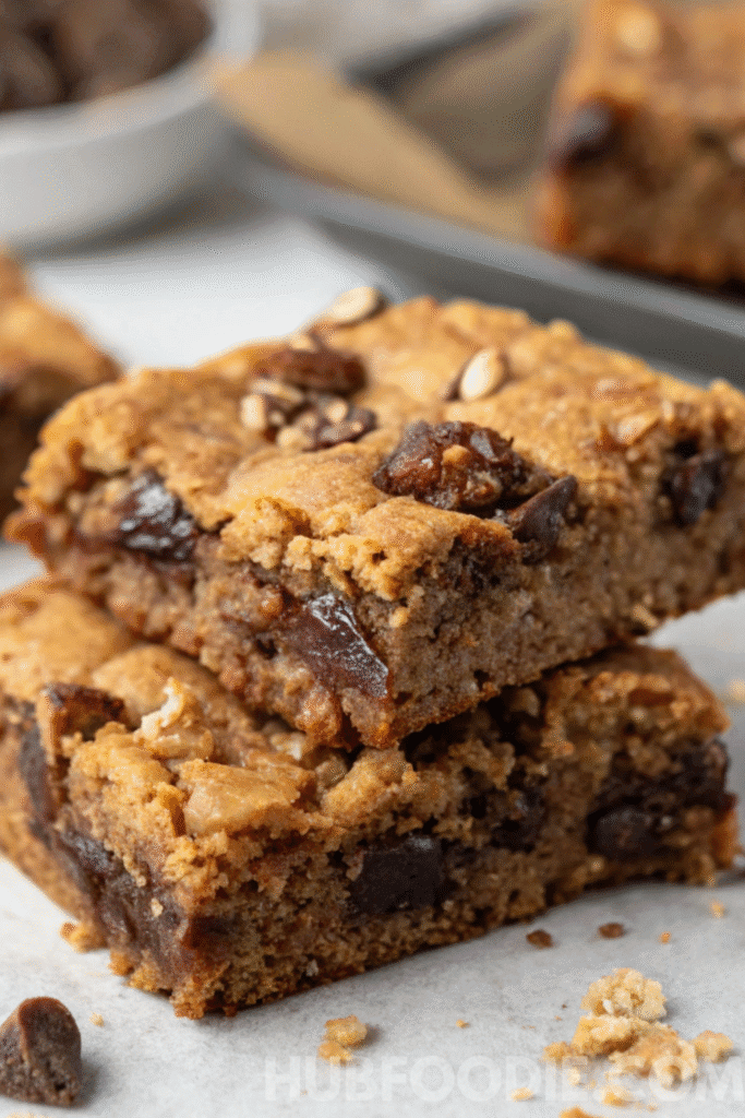 Close-up view of homemade gluten free granola bars with chocolate chunks and dried fruit