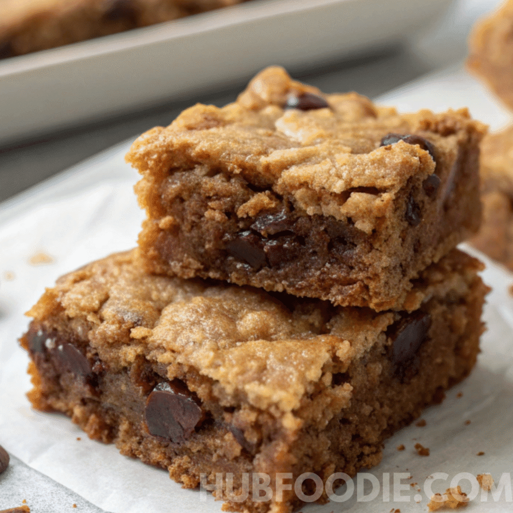 Homemade gluten free granola bars with dark chocolate chips stacked on parchment paper.