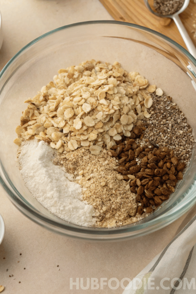 Mixing oats, flaxseed, chia seeds, coconut, and other dry ingredients in a glass bowl for homemade gluten free granola bars.