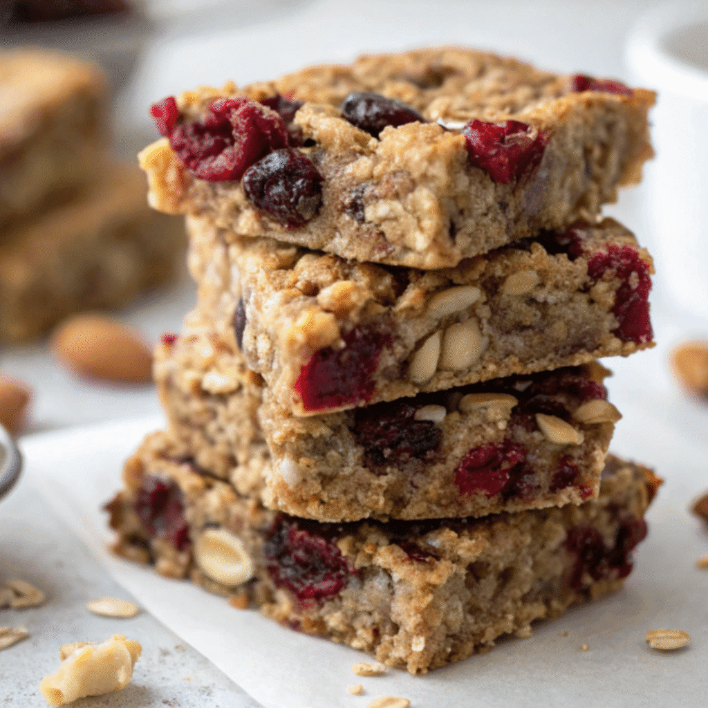 Homemade protein berry nut-free granola bars stacked on parchment paper, filled with oats and dried cranberries.