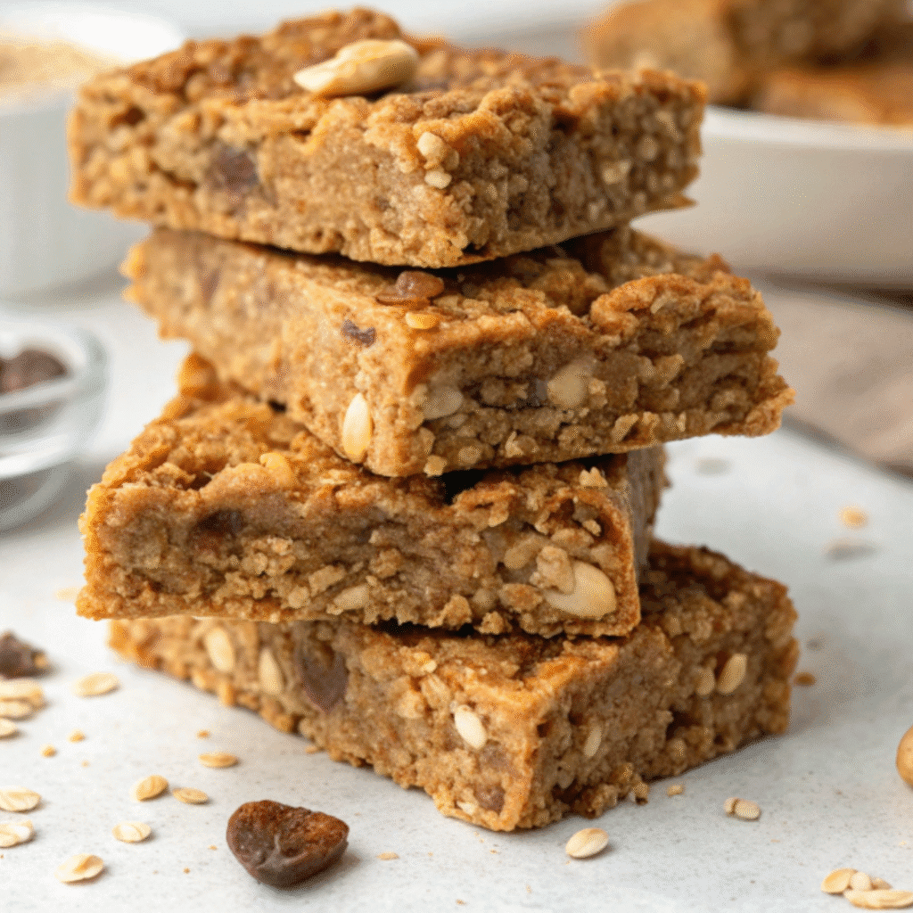 Homemade protein granola bars with peanut butter and banana, stacked on parchment paper.