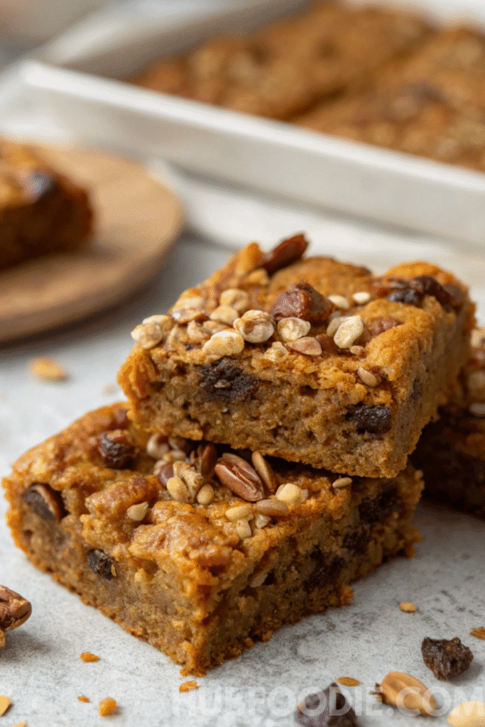 Homemade Gluten Free Granola Bars with pumpkin, nuts, and seeds stacked on a gray surface