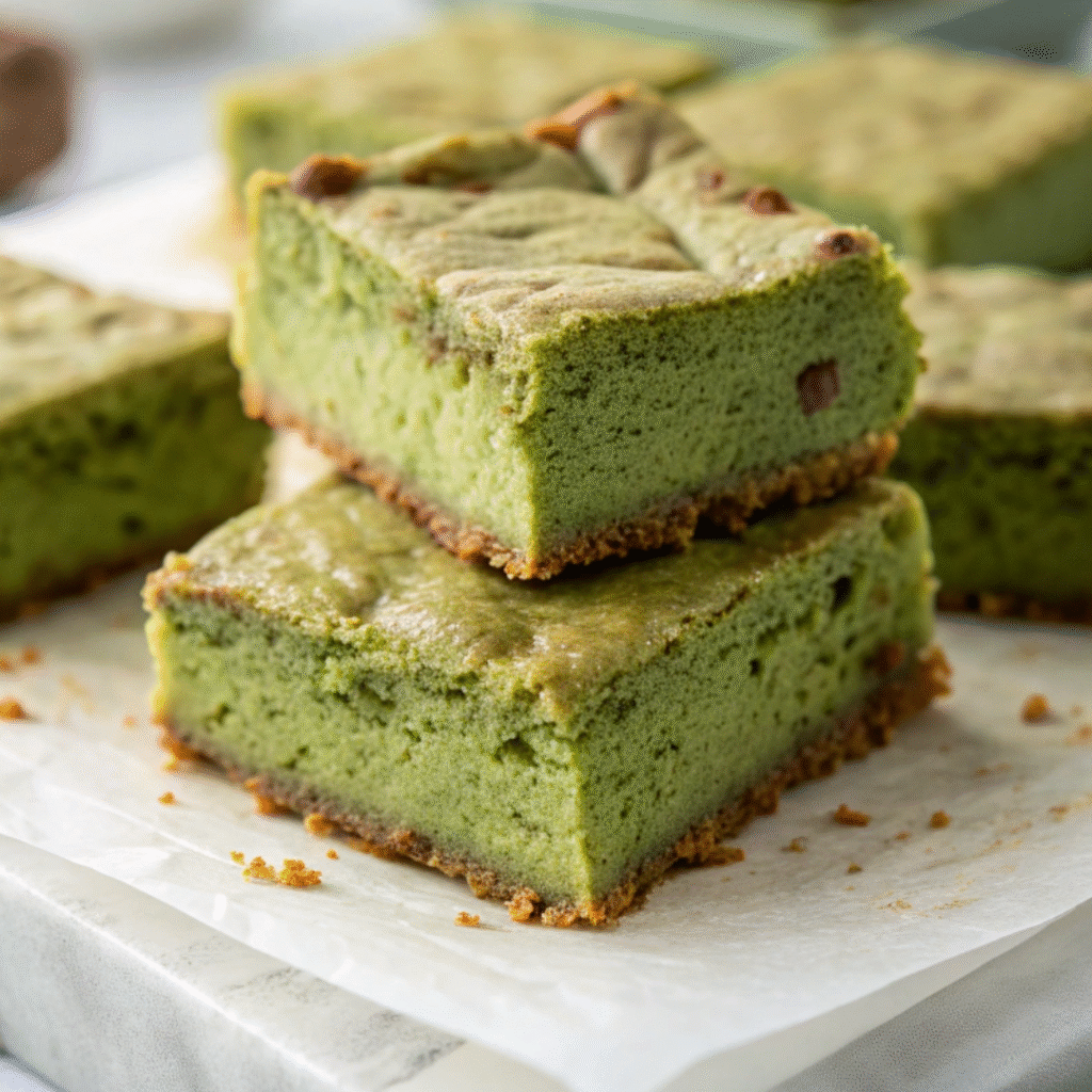 Soft and fluffy Japanese matcha cheesecake bars stacked on parchment paper
