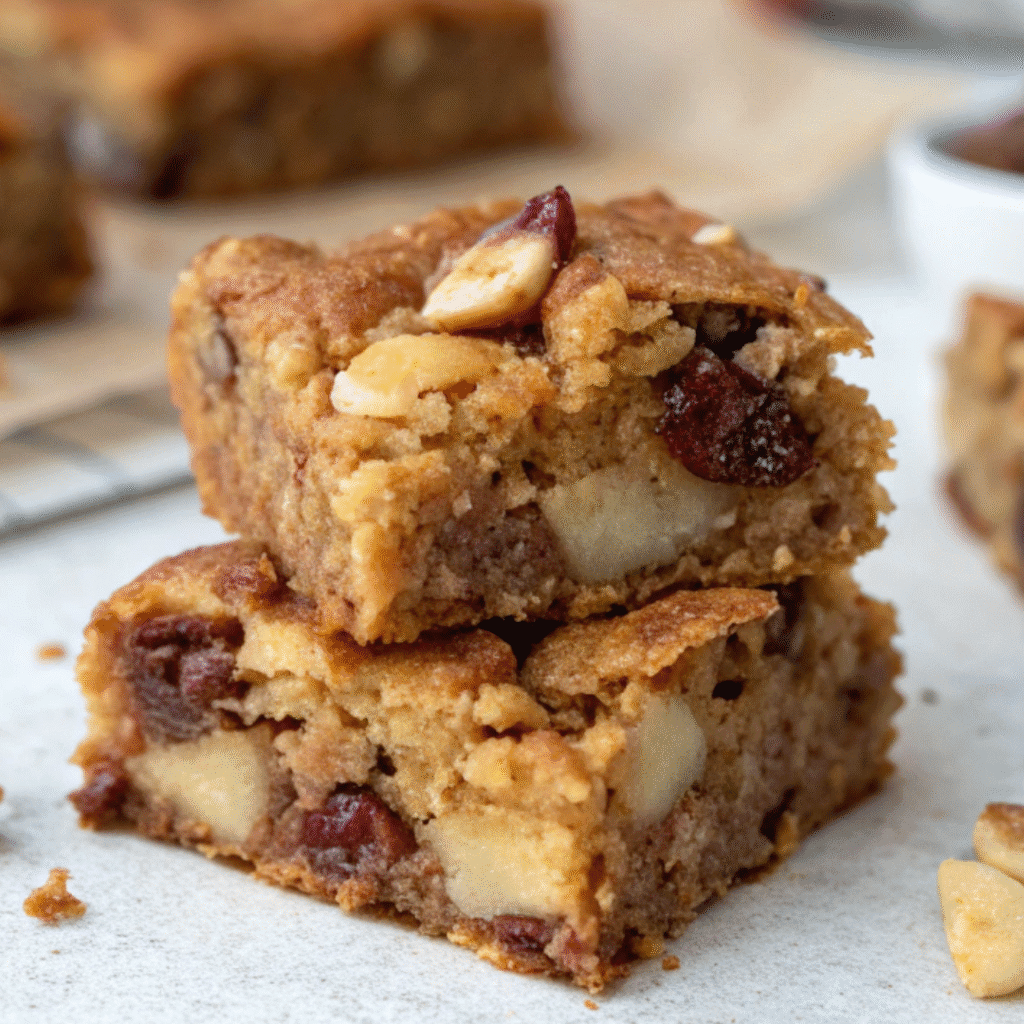 Kid-friendly fruit granola bars with oats, apples, and cranberries stacked on a light background.