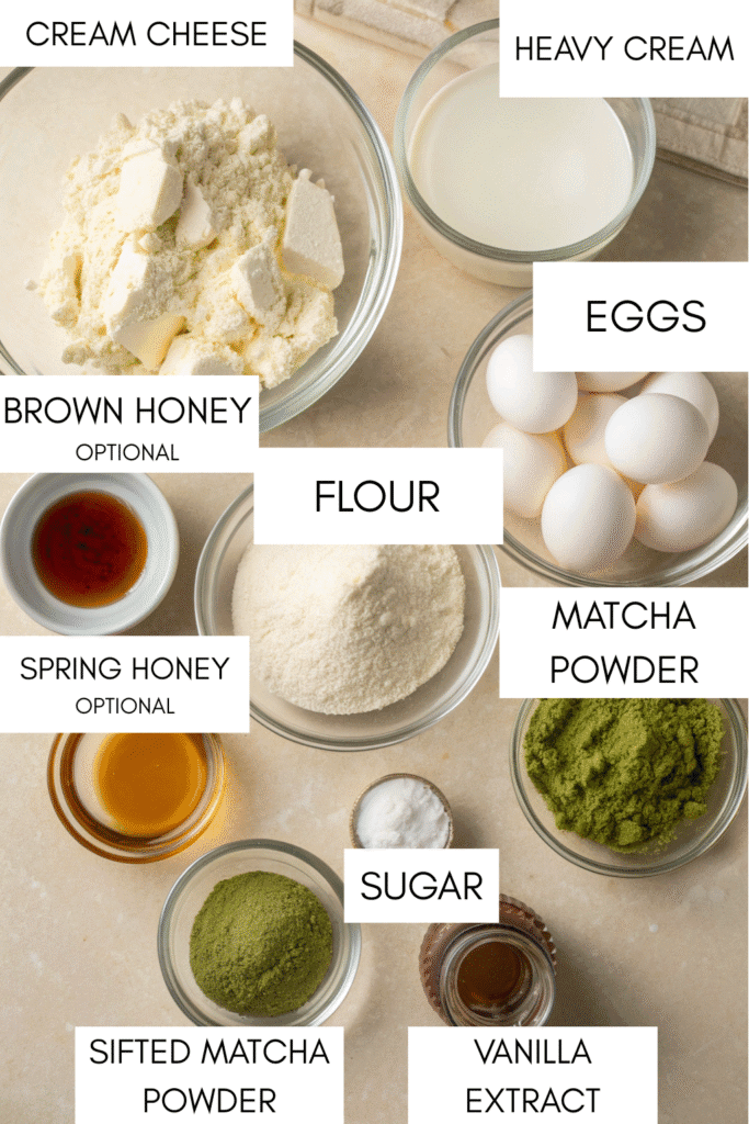 Overhead view of matcha Basque cheesecake ingredients neatly arranged in glass bowls on a beige counter