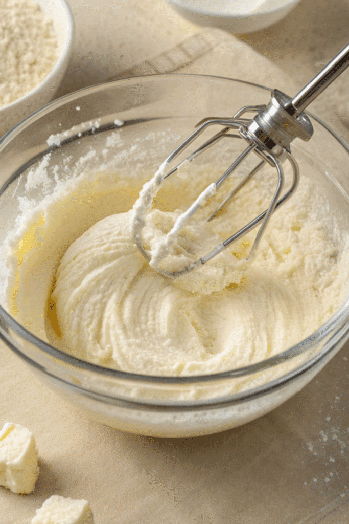 Cream cheese and sugar being creamed together in a glass mixing bowl for Matcha Basque Cheesecake – Step 1.