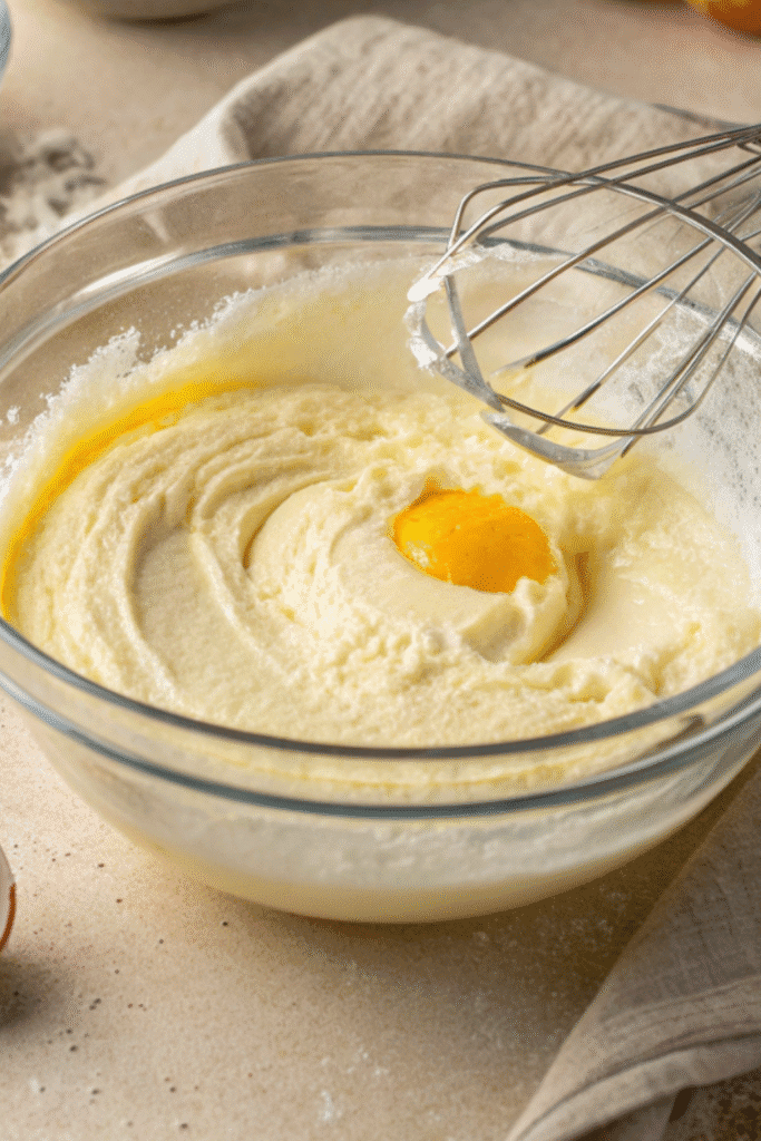 Mixing bowl with cheesecake batter and a fresh egg yolk being incorporated, step 2 of matcha Basque cheesecake recipe.