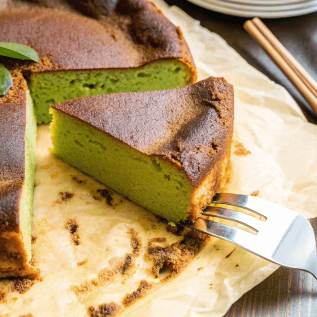 Golden-brown top Matcha Basque Cheesecake slice being lifted from parchment paper