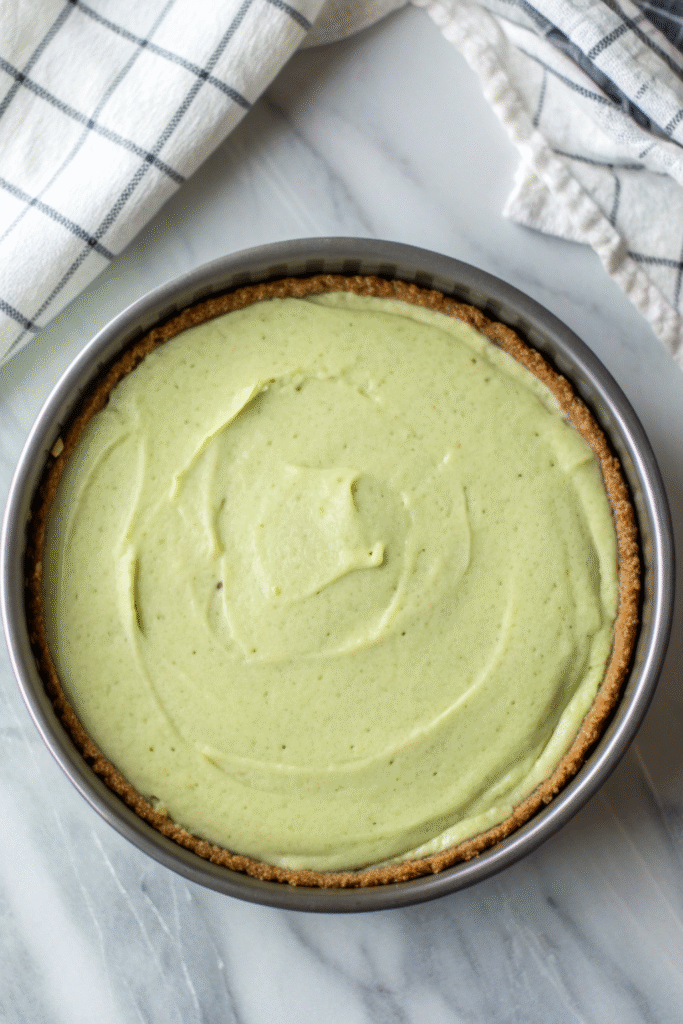 Unbaked matcha cheesecake filling in a crust, ready to go into the oven for Matcha Cheesecake Recipe.