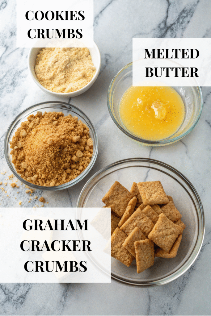 Flat lay of crust ingredients including graham crackers, cookie crumbs, and melted butter.