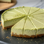 Matcha cheesecake sliced into even portions on a black plate.