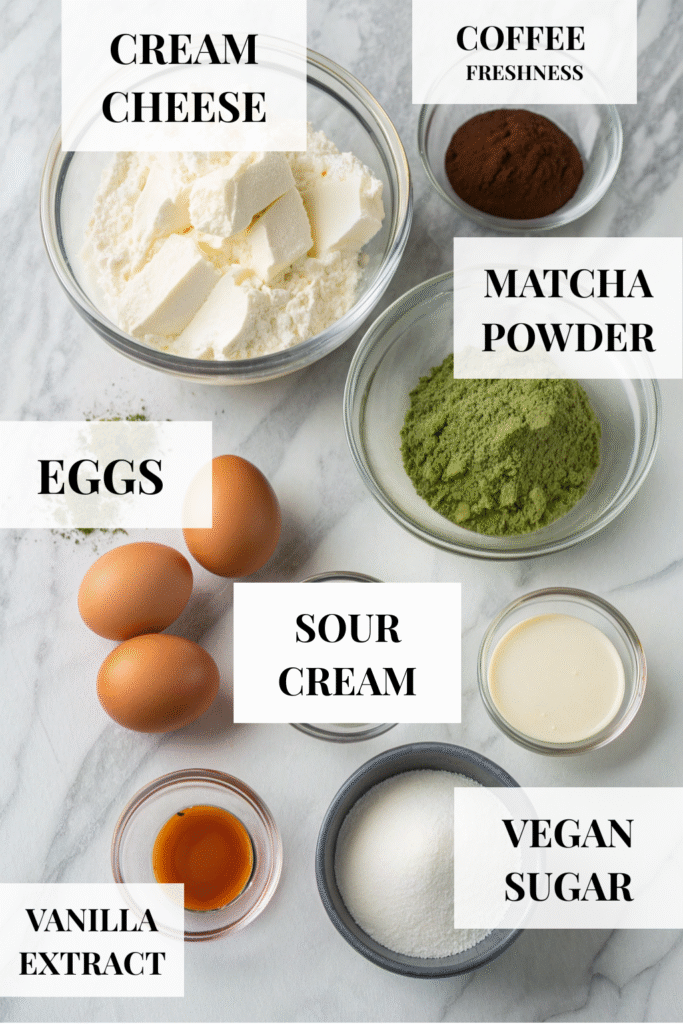 Flat lay of Matcha Cheesecake Recipe filling ingredients including cream cheese, matcha powder, eggs, sour cream, vegan sugar, vanilla extract, and coffee powder.