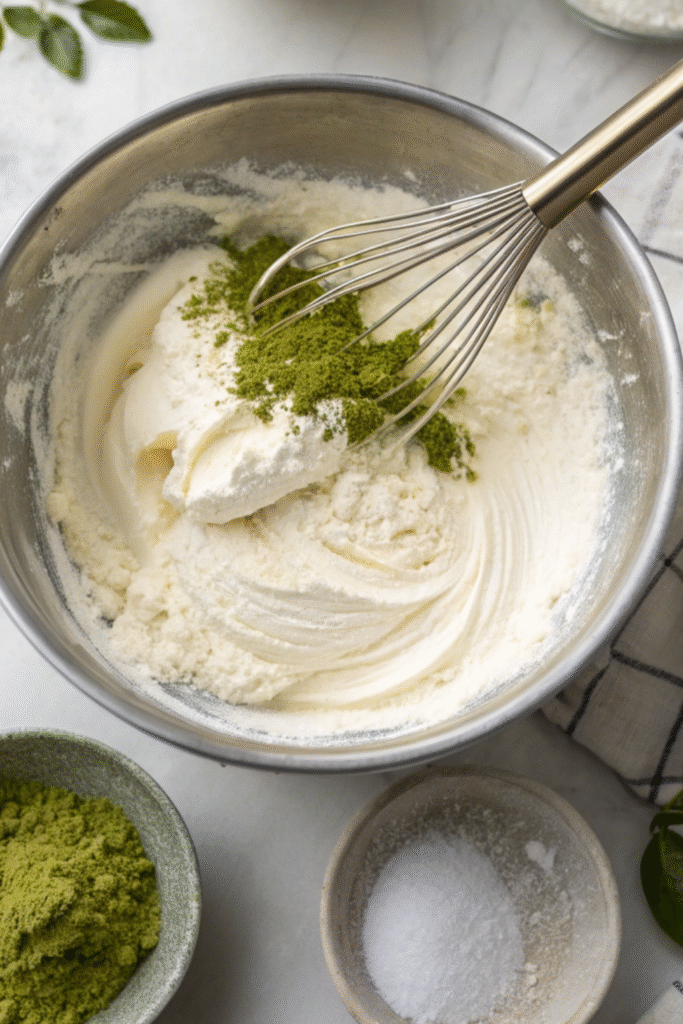 Mixing cream cheese and matcha powder in a bowl to prepare the filling for Matcha Cheesecake Recipe.