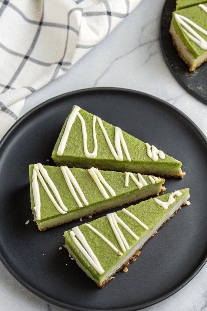 Three slices of matcha cheesecake topped with white chocolate drizzle on a black plate – Matcha Cheesecake Recipe.