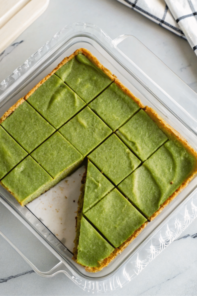 Square-cut matcha cheesecake in a glass baking dish with one slice served on a wooden board – Matcha Cheesecake Recipe.