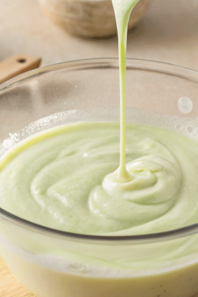 Smooth pale green cheesecake batter in a glass bowl, with cream and flour mixed in for a Matcha Cheesecake Recipe.