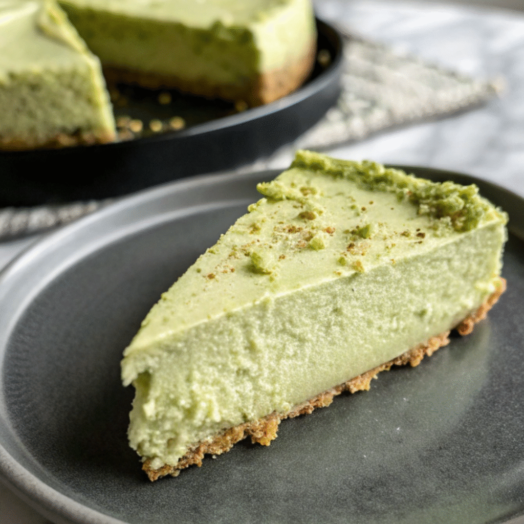 Slice of creamy matcha cheesecake on a dark plate with biscuit crust.