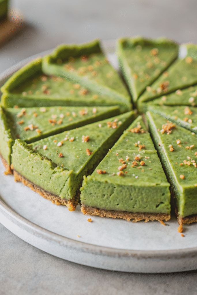 Sliced raw vegan matcha cheesecake on a ceramic plate