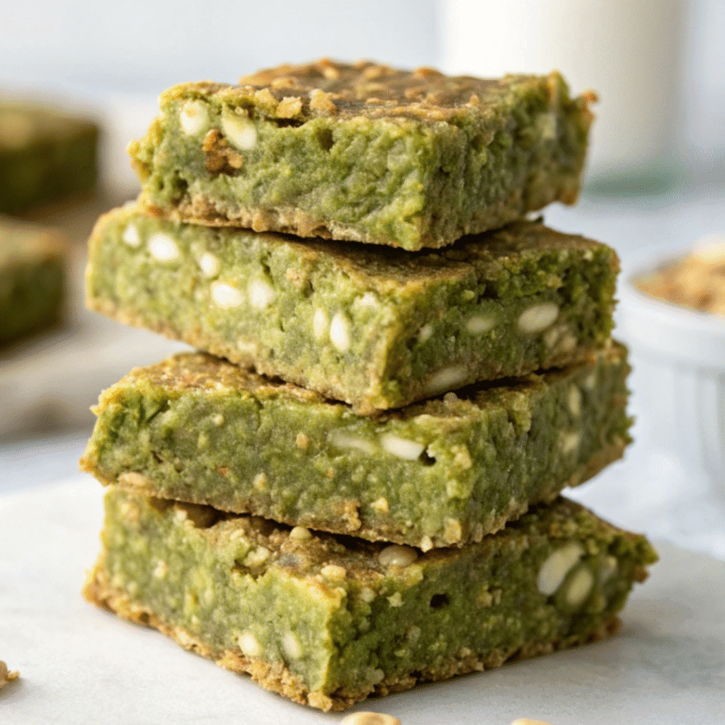 Stack of chewy homemade protein granola bars with matcha and coconut, packed with nuts and oats.