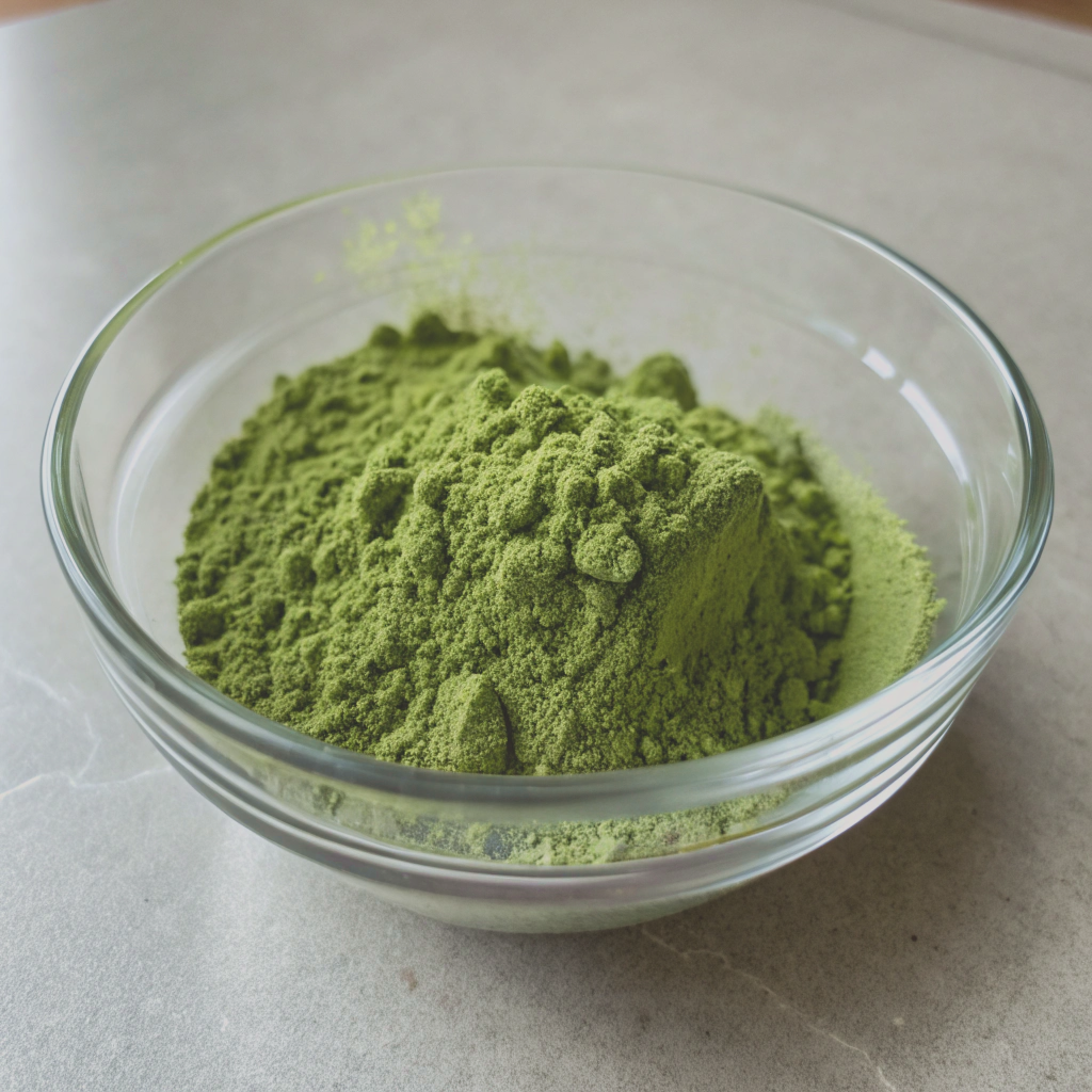 Bowl of vibrant green matcha powder on a gray surface