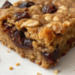 Close-up of a chewy no-bake fruit granola bar with oats and dried fruit.
