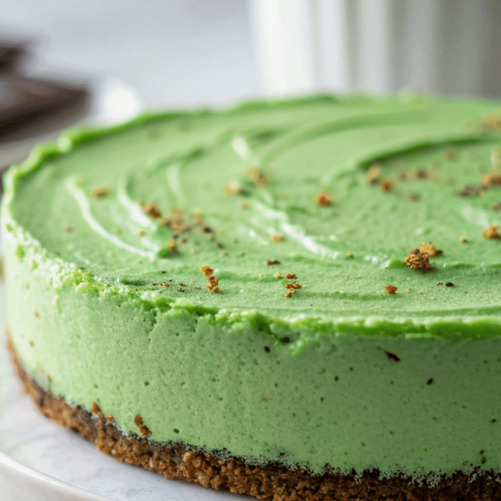 No-Bake Green Velvet Cheesecake with a smooth, creamy surface and cookie crust base – No-Bake Green Velvet Cheesecake.