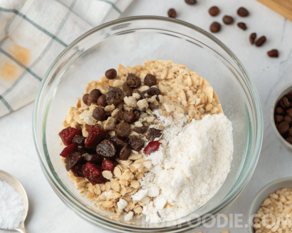 Mixing rolled oats, dried fruit, chocolate chips, and flour together in a glass bowl for nut free granola bars.