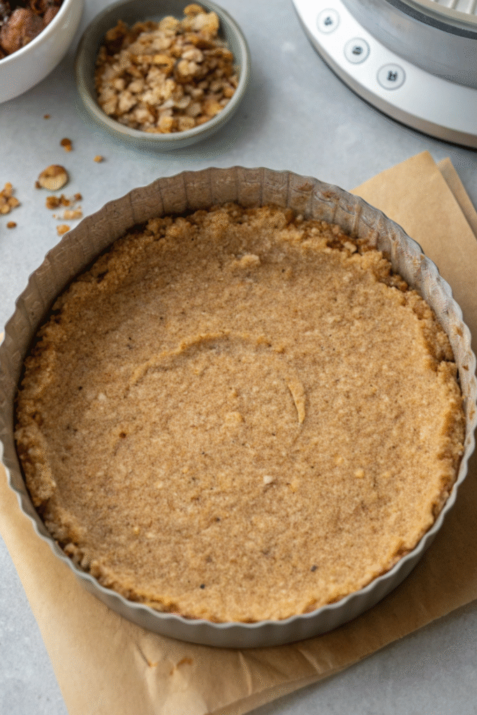 Raw vegan cheesecake crust pressed evenly into a tart pan