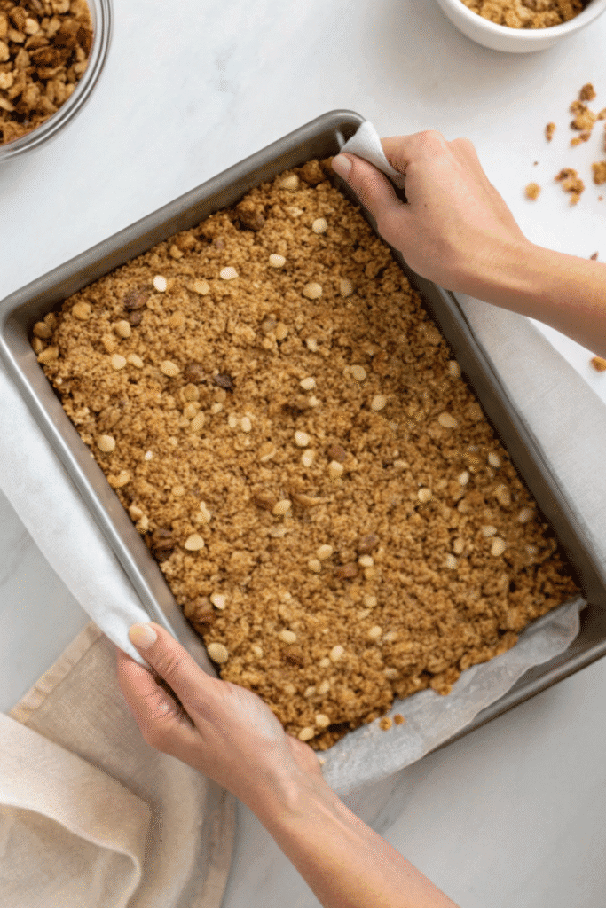 Pressing granola protein bars mixture into a pan lined with parchment paper for easy cutting.