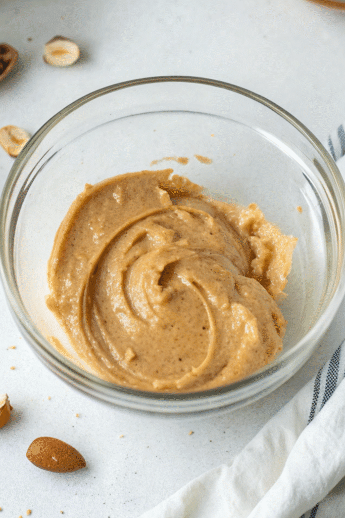 Bowl of smooth nut butter mixture, heated to act as a binder for protein granola bars homemade.