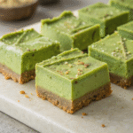 Slices of raw vegan matcha cheesecake with a nutty crust on a white marble board