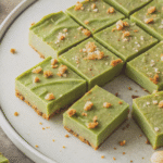 Sliced raw vegan matcha cheesecake bars with a nutty crust and crumble topping