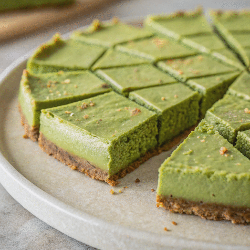 Sliced raw vegan matcha cheesecake arranged in a circle on a ceramic plate