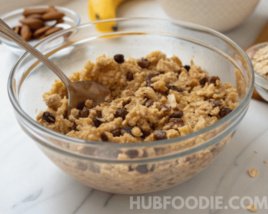 Mixing wet banana and maple syrup mixture with dry oats, coconut, chocolate chips, and dried fruit to make homemade nut free granola bars.
