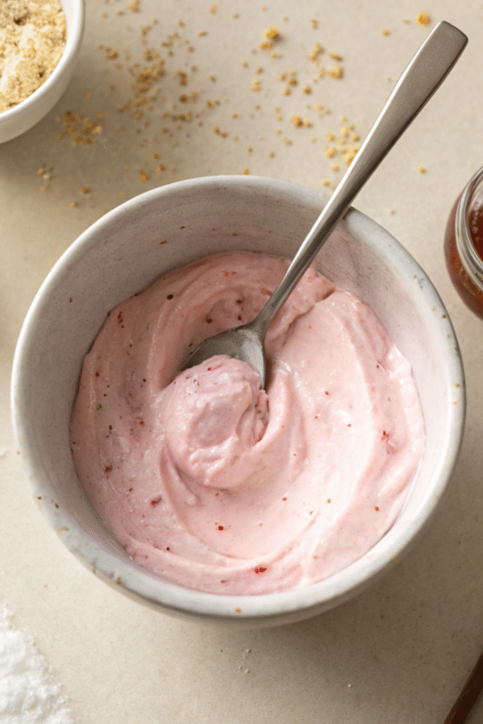 Bowl of creamy strawberry yogurt dip with a spoon on a light beige kitchen counter