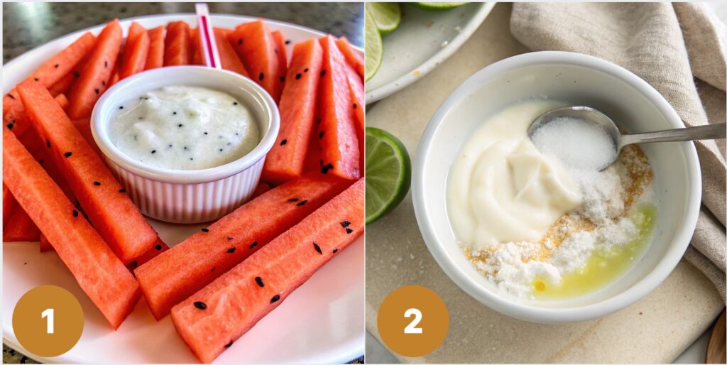 Step-by-step collage showing how to prepare Watermelon Fries with Coconut Lime Dip