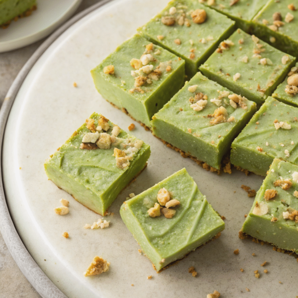 Raw vegan matcha cheesecake squares topped with crushed nuts on a ceramic plate