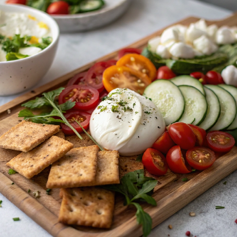 Burrata Appetizer Board with Veggies Crackers 1
