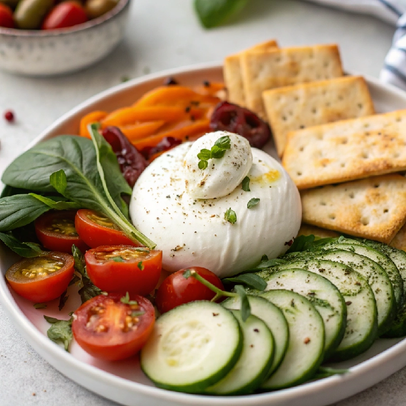 Burrata Appetizer Board with Veggies Crackers 2