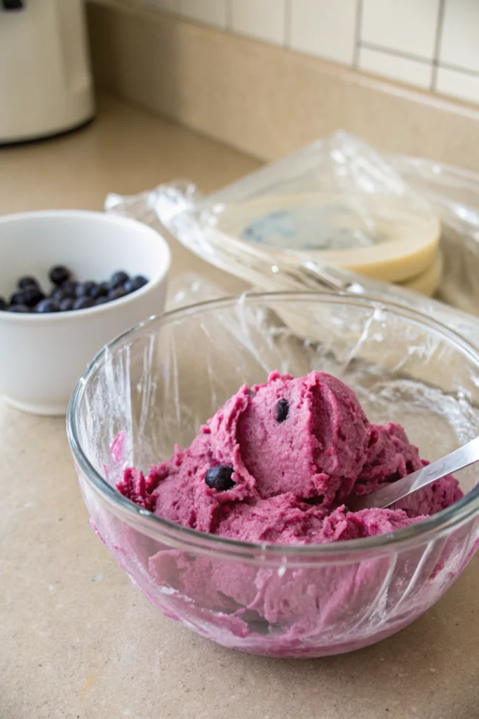 Blueberry vegan ice cream 15 Thick blueberry vegan ice cream mixture in a glass bowl with plastic wrap