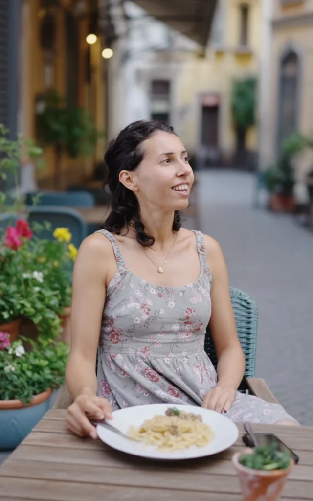 Woman in a floral dress enjoying pasta at an outdoor café.