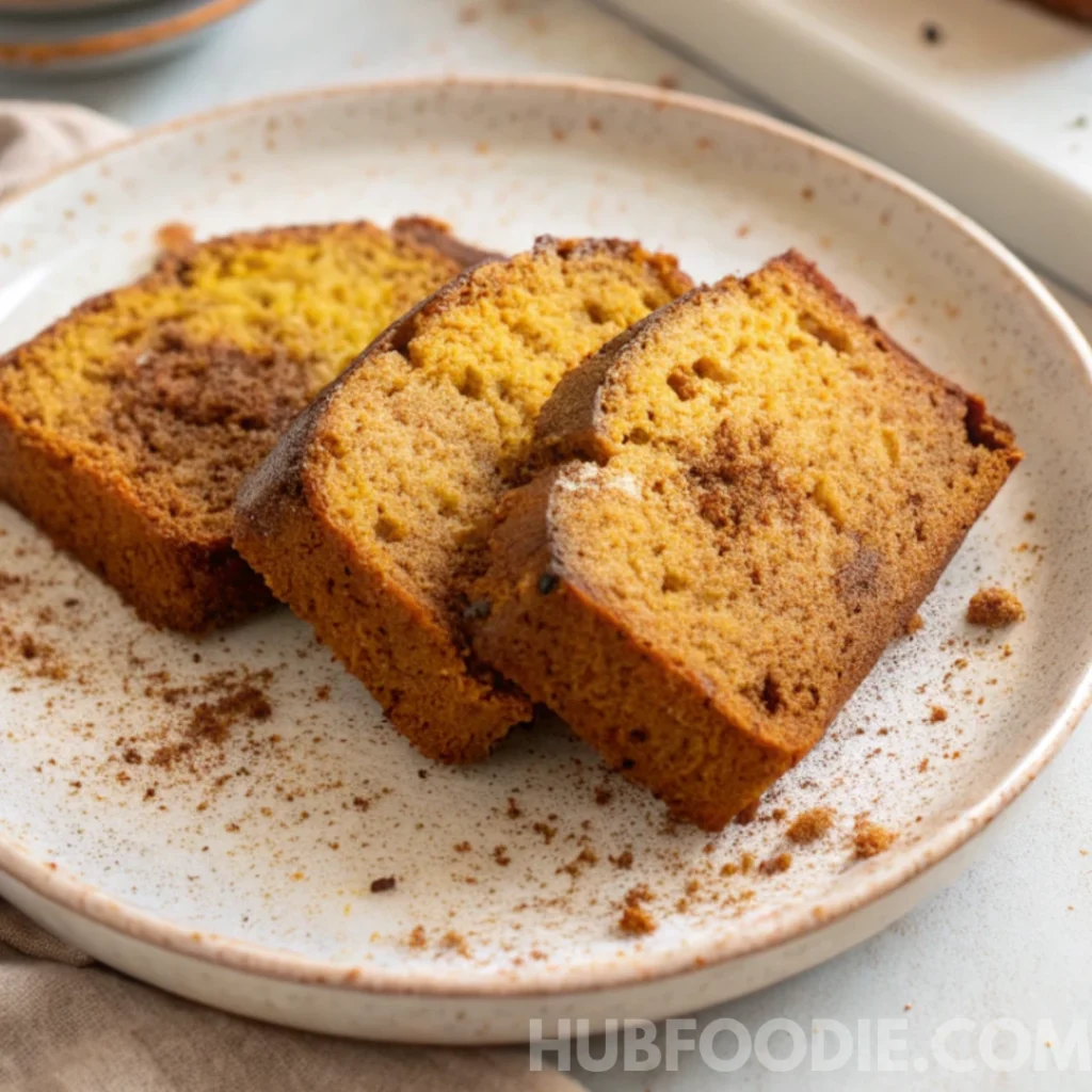 lemon squash bread recipe 34 Acorn squash bread slices on a speckled plate with scattered spice crumbs.