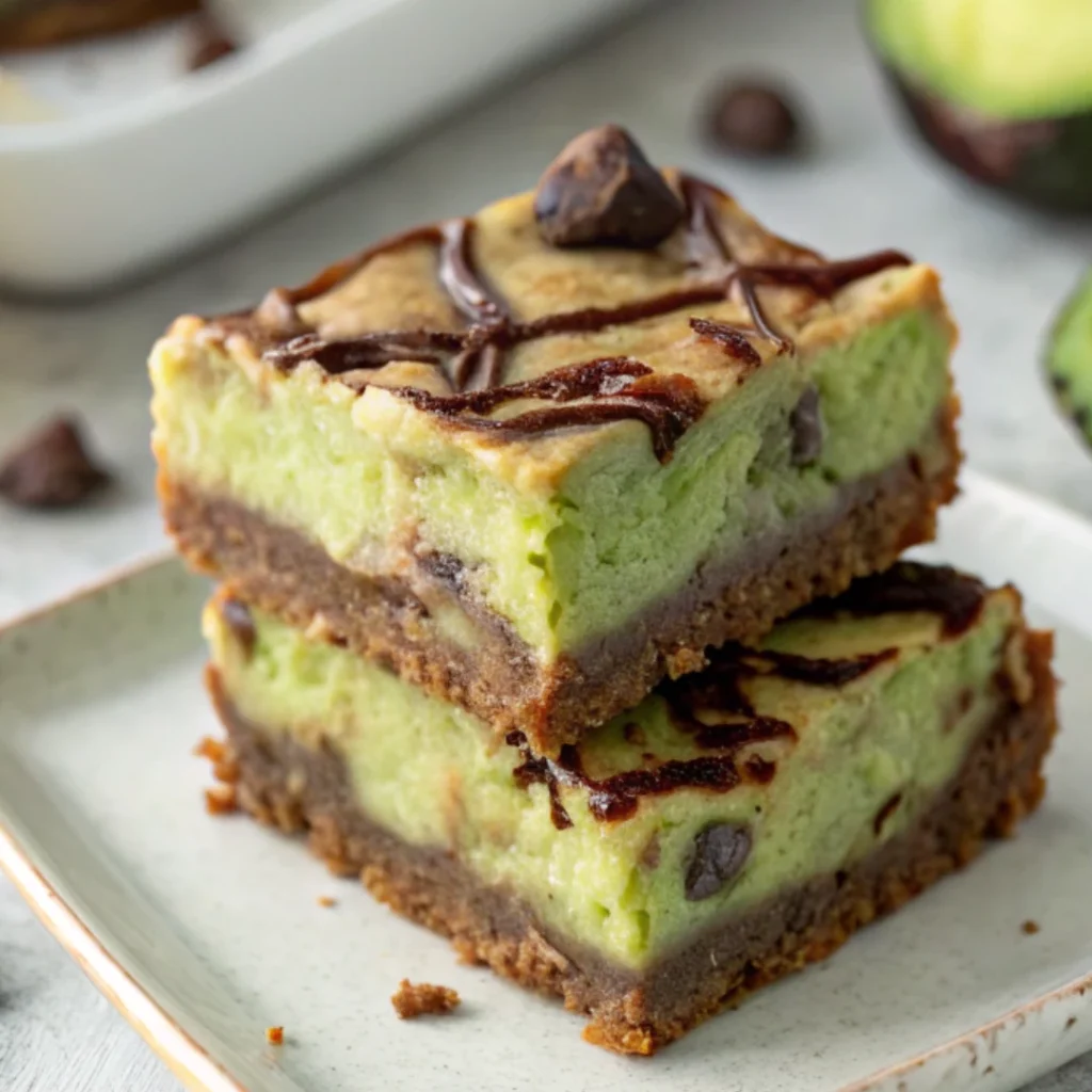 Green cheesecake Recipe 21 Avocado cheesecake bars with chocolate swirls and a crumbly base, stacked on a plate.