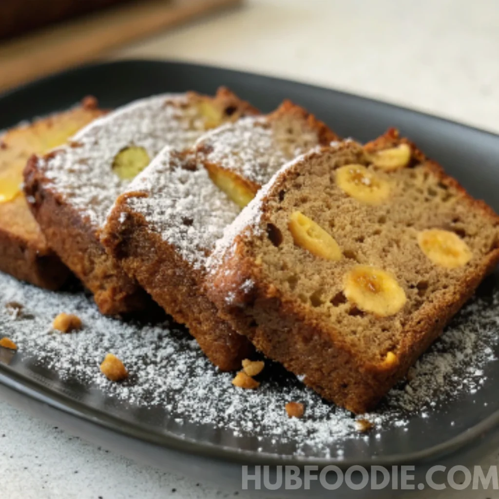 lemon squash bread recipe 36 Banana squash bread slices dusted with powdered sugar on a black plate.